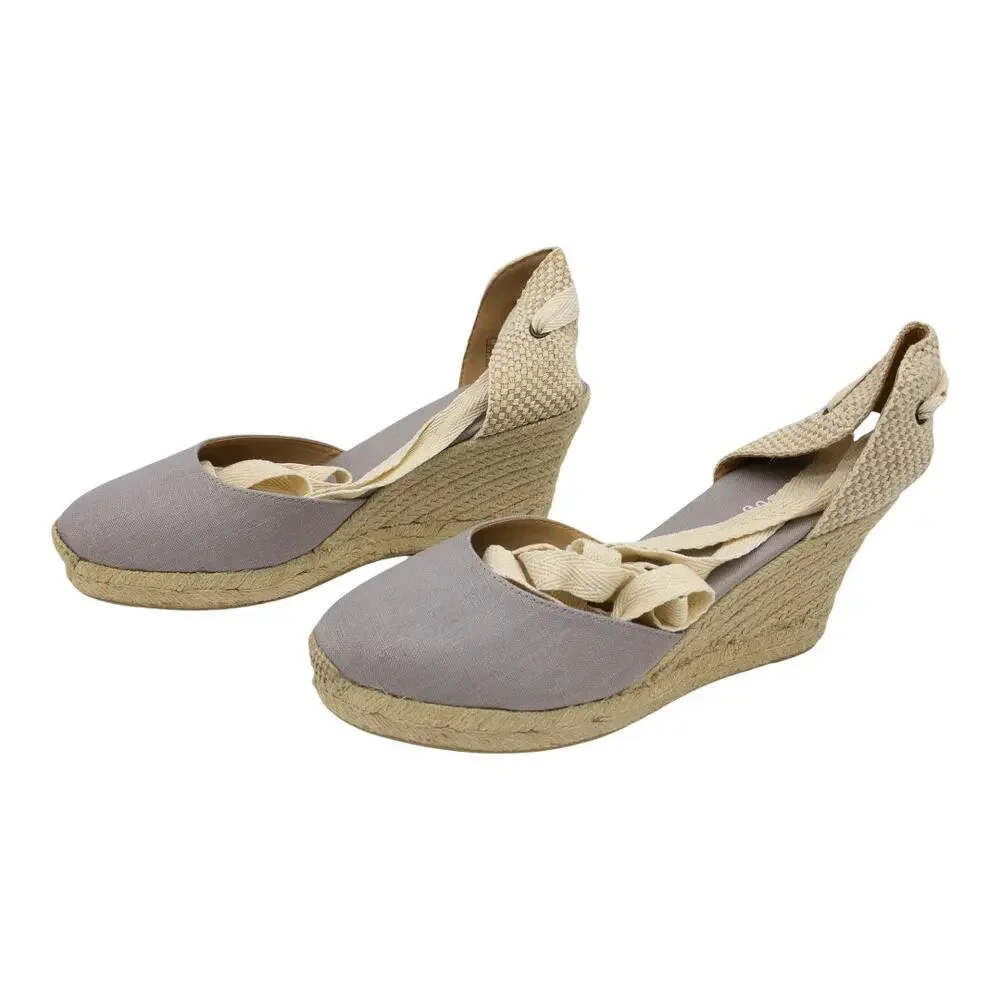 Soludos Tall Wedge Espadrille Women's 9.5 Gray Linen Ankle Tie Jute Heel